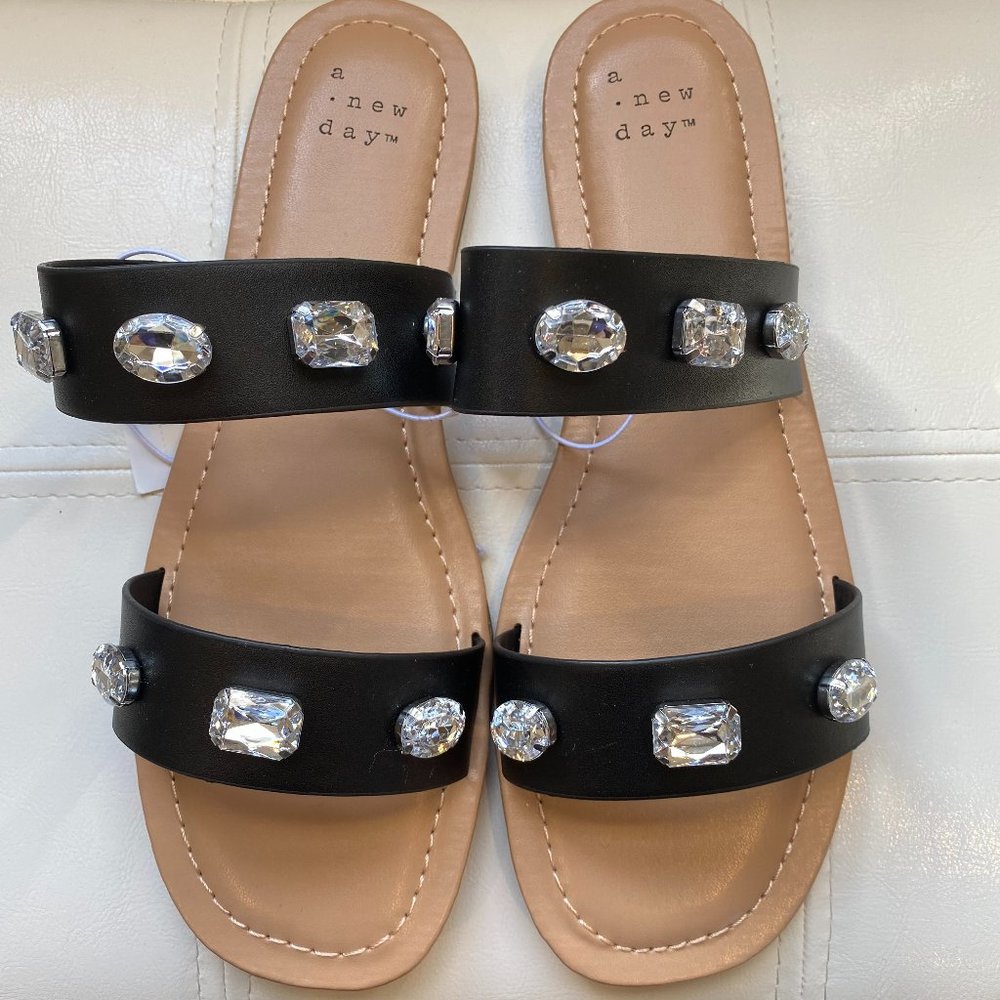Women's Brit Two Band Embellished Sandals - A New Day - Black - Size 7